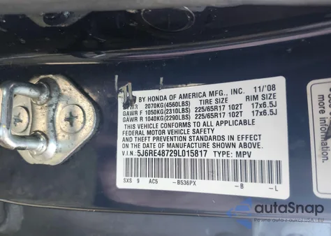 2009 Honda Cr-V Ex-L z USA, uszkodzony, nr VIN 5J6RE48729L015817